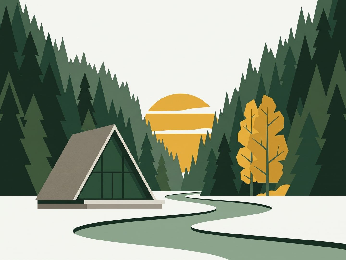 Illustration of a Bailey A-frame cabin with a glass front wall beside a winding river in the Platte Canyon, under a low gold sun.