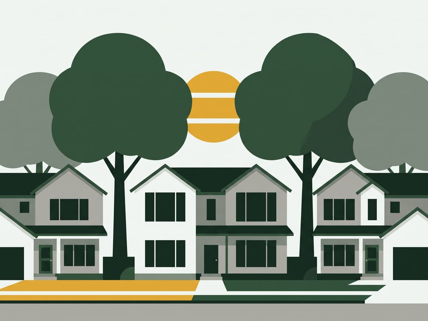 Illustration of established two-story Centennial homes on a settled street under large mature trees, with a low gold sun between the canopies.