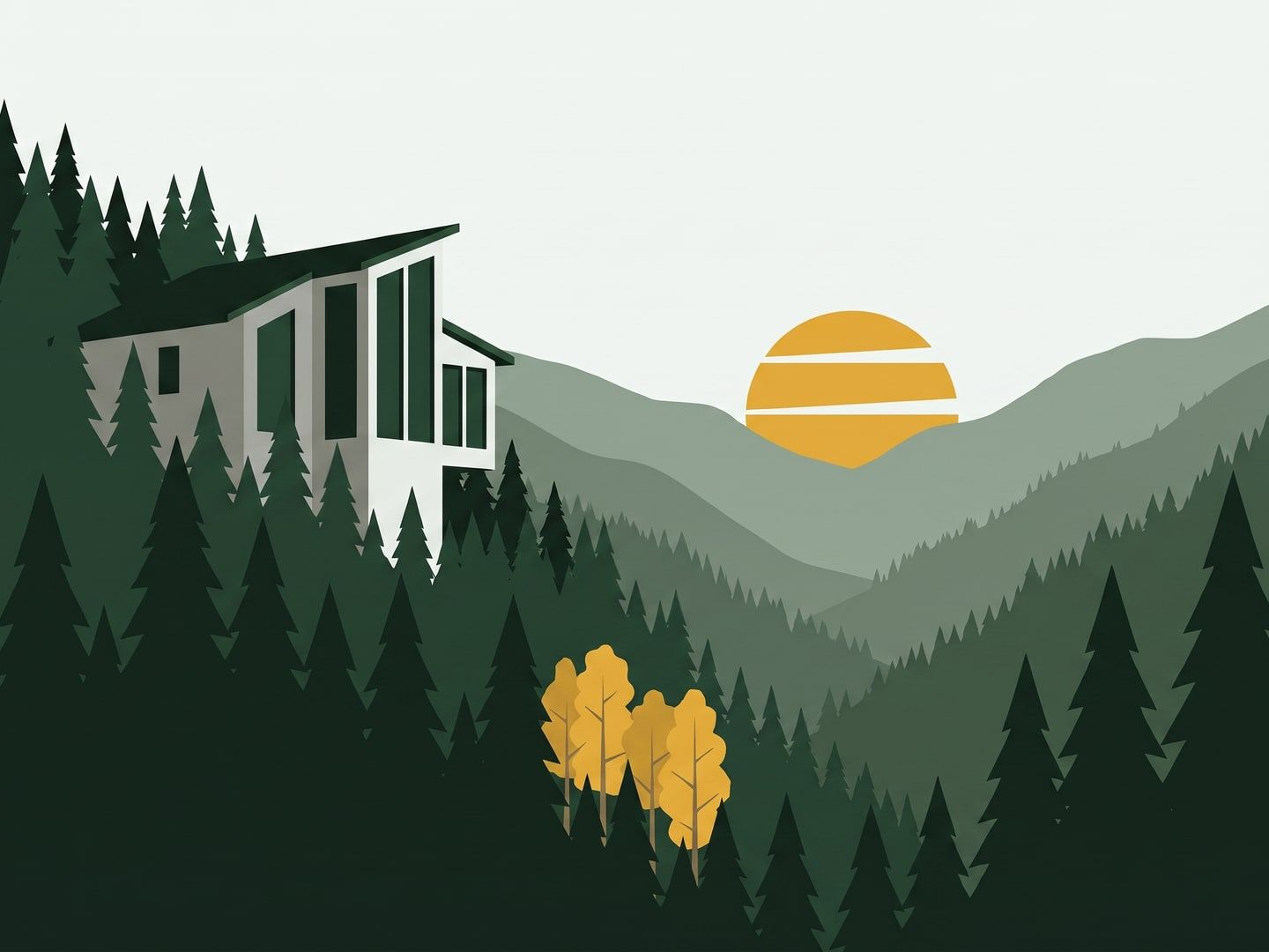 Illustration of a Conifer mountain home with tall glass tucked in the pines, looking down a long forested valley with a gold aspen stand.