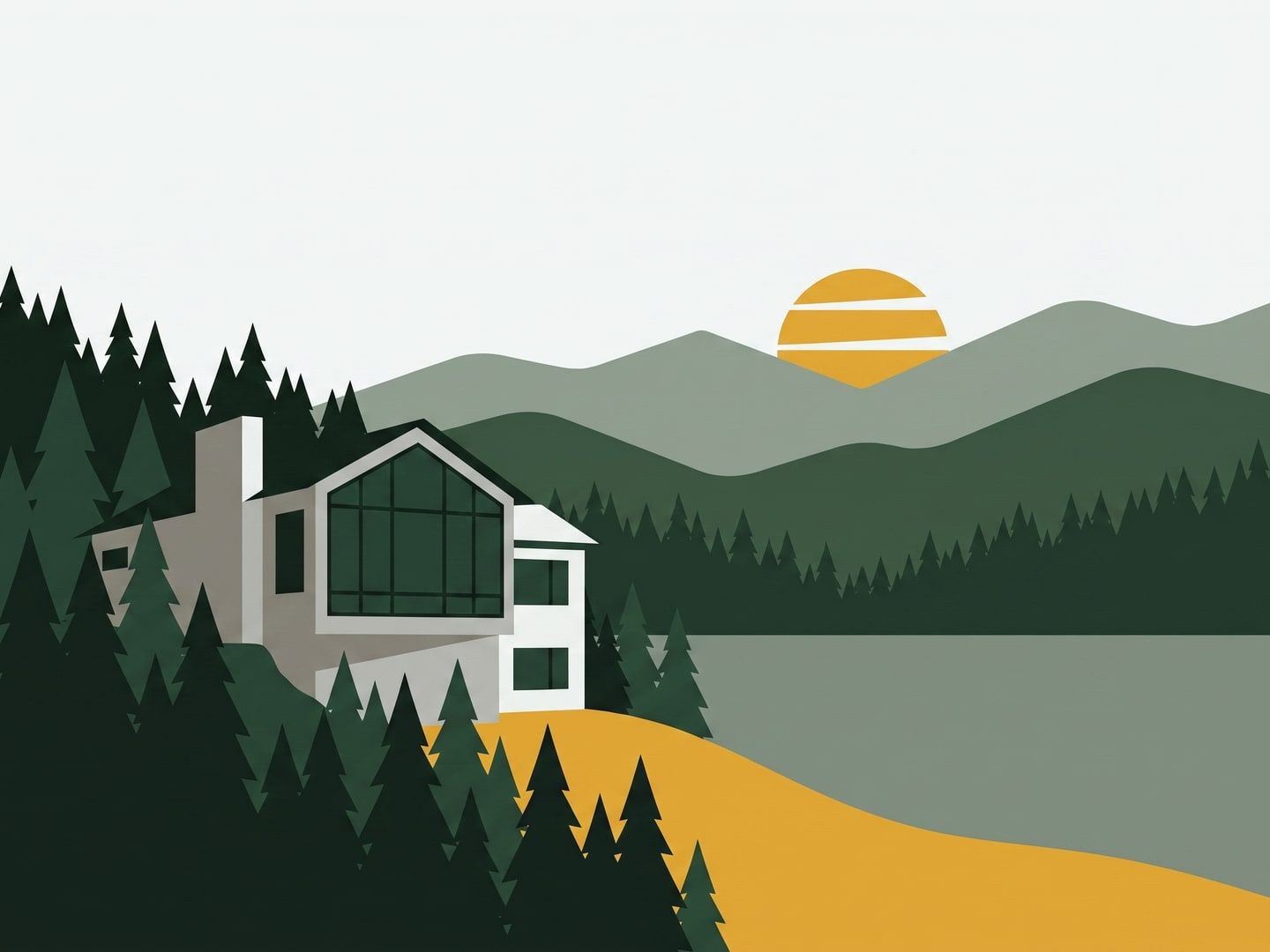 Illustration of an Evergreen mountain home with a great-room wall of glass on a pine slope above a small lake, under a low gold sun.