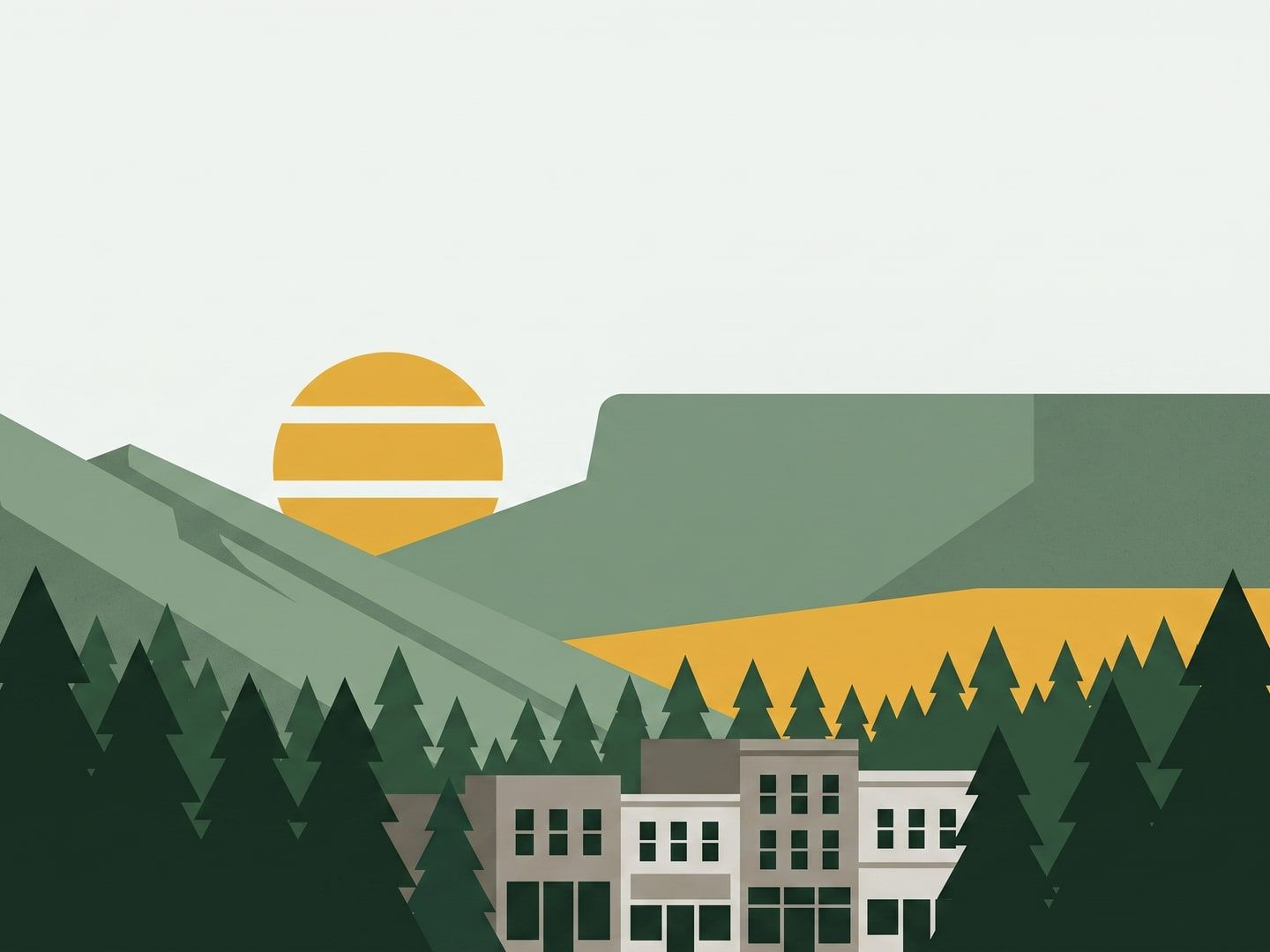 Illustration of Golden storefronts among pines below the flat top of Table Mountain, with a low gold sun on the mesa.
