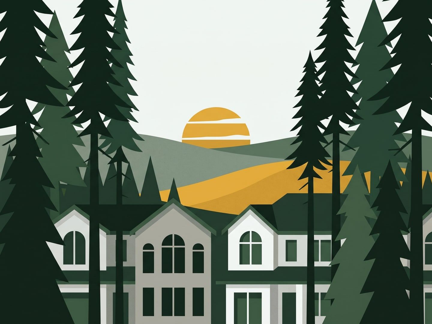 Illustration of a row of two-story Highlands Ranch homes with tall arched entry windows, framed by evergreens with open space behind.