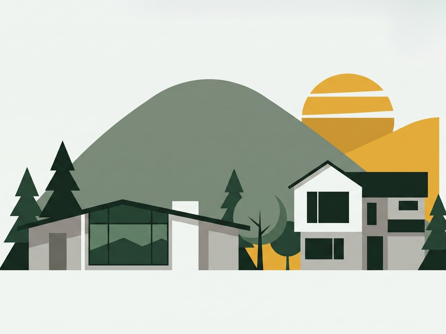 Illustration of a Lakewood mid-century ranch with a wide picture window beside a two-story home, with Green Mountain rising behind.