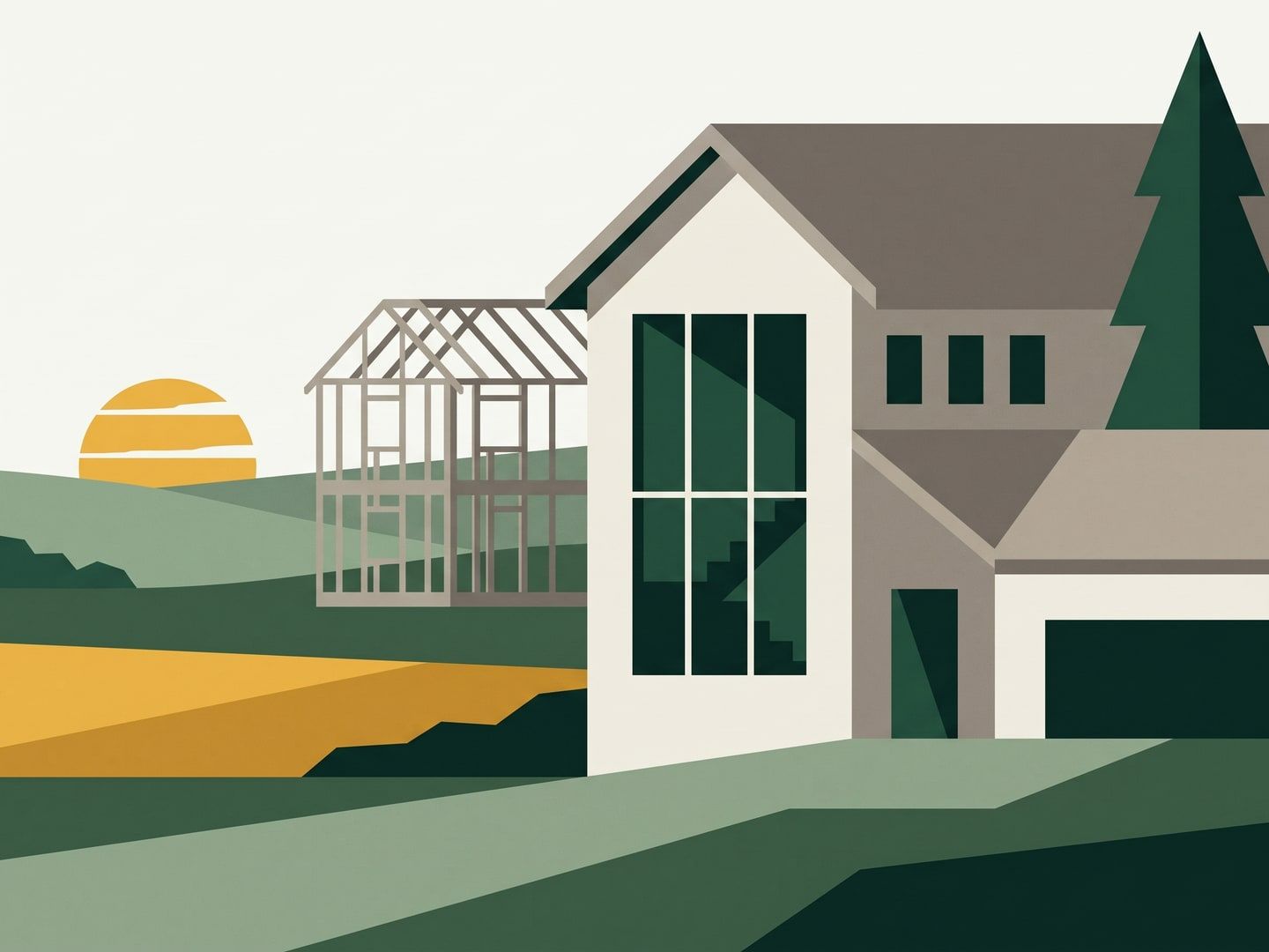 Illustration of a two-story home with a tall stairwell window beside a house under construction, at the edge of open farmland, under a low gold sun.